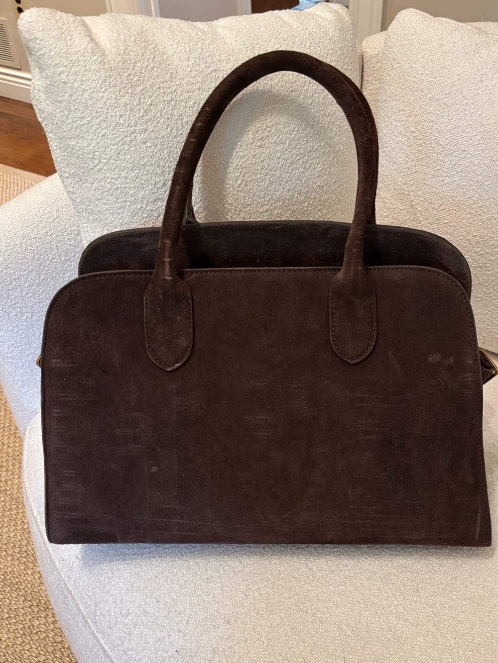 Dark Brown Suede Top-Handle Handbag Bowling Bag- Margo New York Style #MS1012-HU